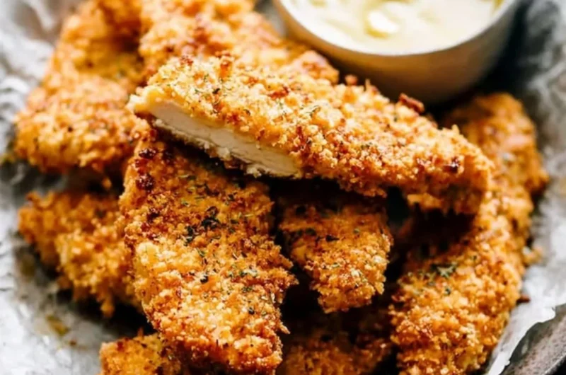 Crispy baked chicken tenders served with dipping sauce on a plate