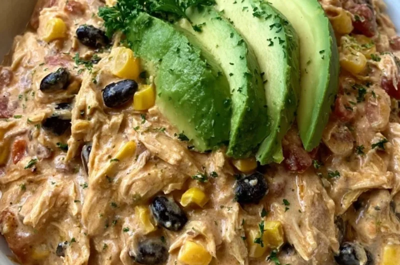 Crock Pot Fiesta Chicken in a bowl with colorful ingredients