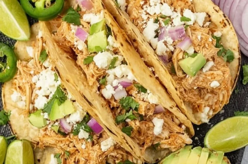 Crockpot Chicken Tacos topped with fresh ingredients