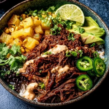 Crockpot Chipotle Pineapple Pot Roast Bowl with vibrant toppings