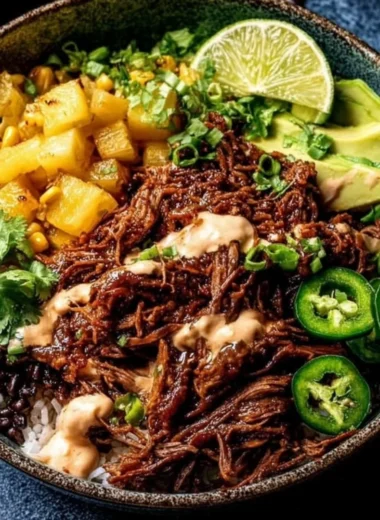 Crockpot Chipotle Pineapple Pot Roast Bowl with vibrant toppings