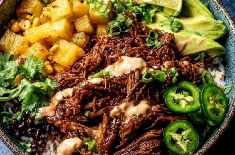 Crockpot Chipotle Pineapple Pot Roast Bowl with vibrant toppings