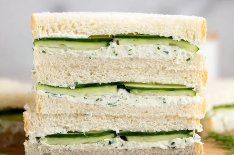 A fresh cucumber sandwich on a plate with herbs and a cup of tea.