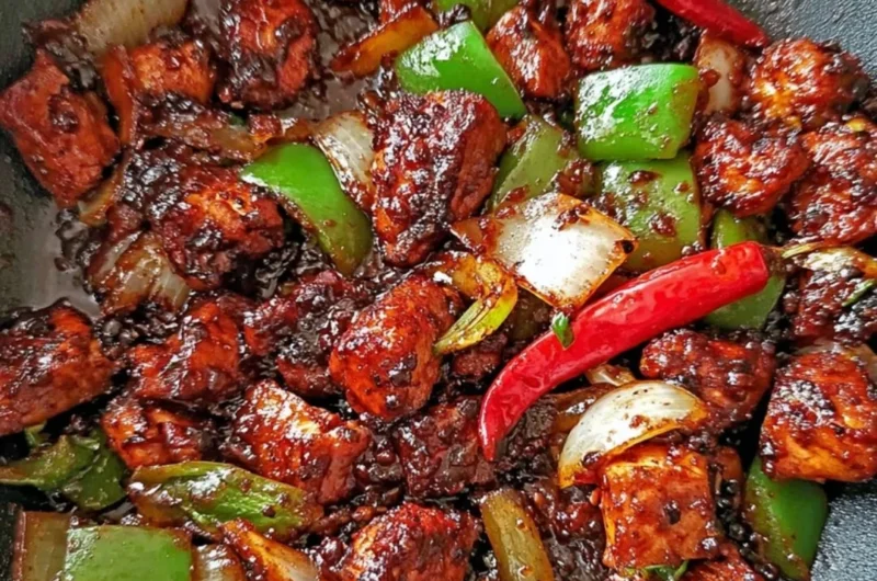 Easy Black Pepper Chicken recipe served on a plate with vegetables