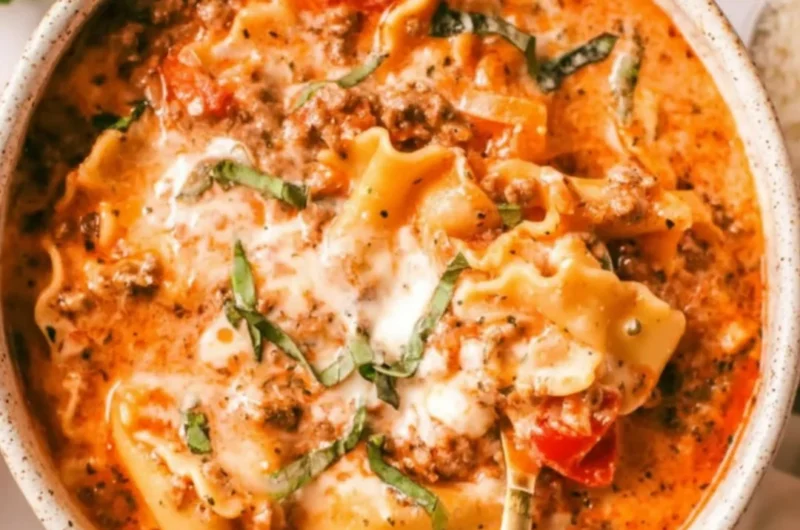 Bowl of creamy lasagna soup topped with cheese and herbs