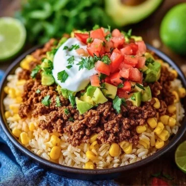 Delicious easy taco rice bowl topped with fresh ingredients