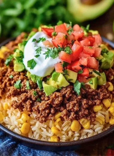 Delicious easy taco rice bowl topped with fresh ingredients