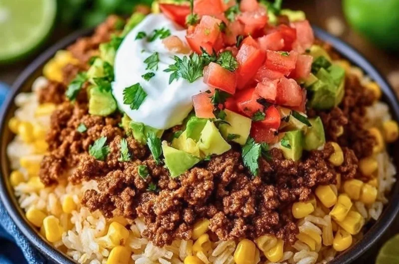 Delicious easy taco rice bowl topped with fresh ingredients
