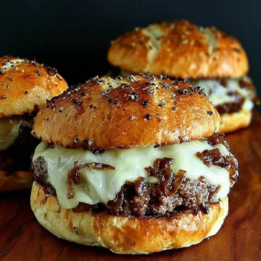 French Onion Soup Burgers topped with melted cheese and caramelized onions