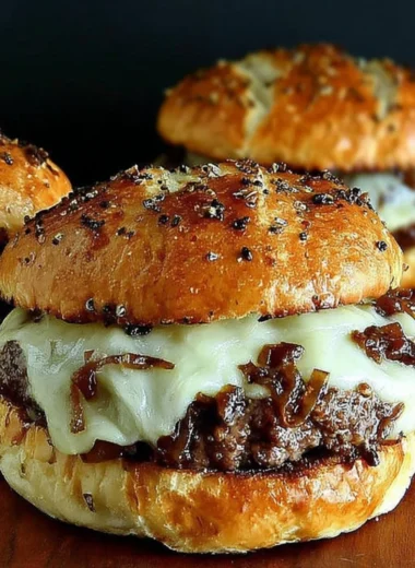 French Onion Soup Burgers topped with melted cheese and caramelized onions