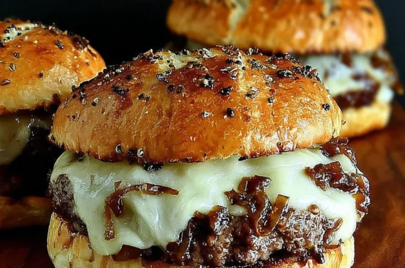 French Onion Soup Burgers topped with melted cheese and caramelized onions
