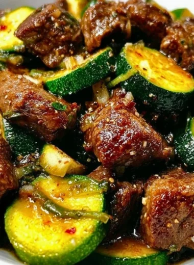 Delicious garlic butter steak bites served with zucchini slices