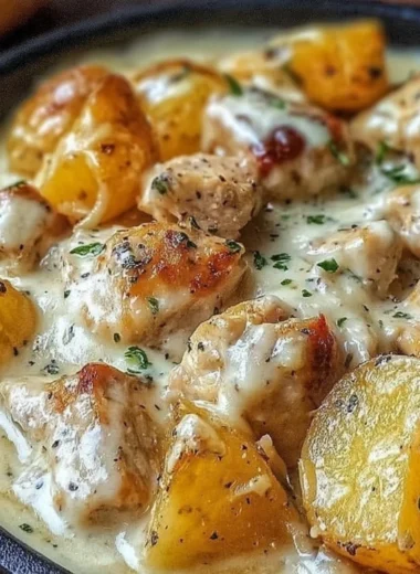 Delicious Garlic Parmesan Crockpot Chicken with roasted potatoes in a slow cooker