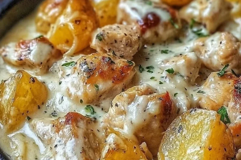 Delicious Garlic Parmesan Crockpot Chicken with roasted potatoes in a slow cooker