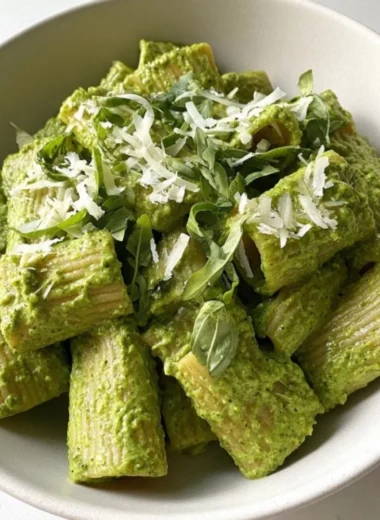 Delicious Green Goddess Pesto Pasta topped with fresh herbs and nuts