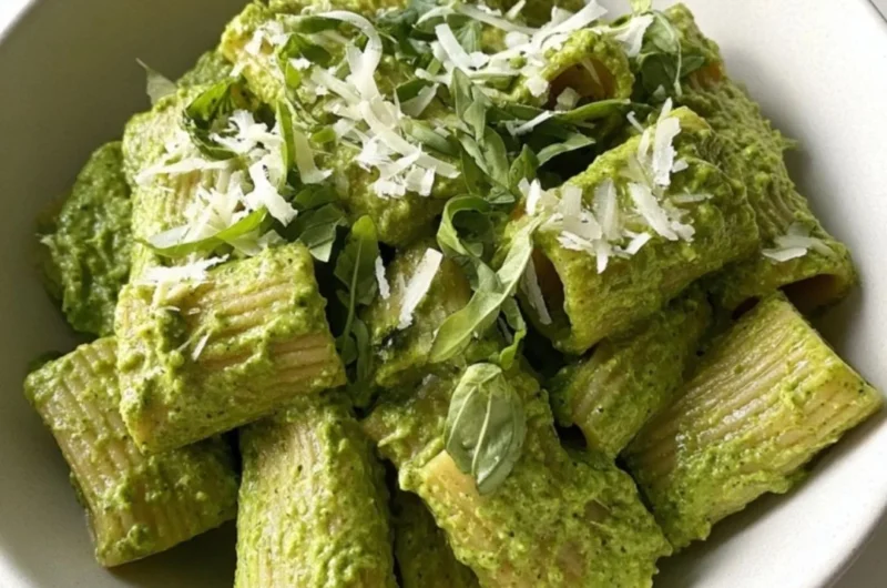 Delicious Green Goddess Pesto Pasta topped with fresh herbs and nuts