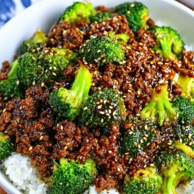 Plate of savory ground beef and broccoli stir-fry