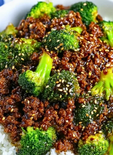 Plate of savory ground beef and broccoli stir-fry