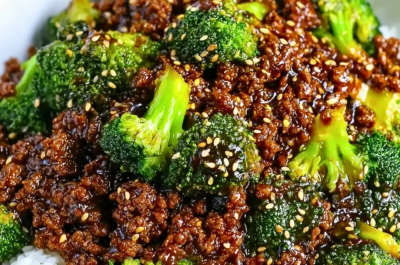 Plate of savory ground beef and broccoli stir-fry