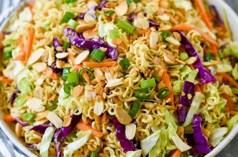 Hearty ramen noodle salad with fresh vegetables and dressing