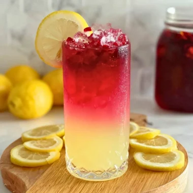 A refreshing glass of Hibiscus Water with vibrant petals and ice cubes.