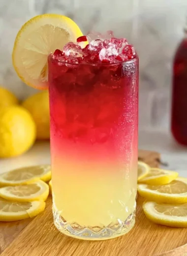 A refreshing glass of Hibiscus Water with vibrant petals and ice cubes.