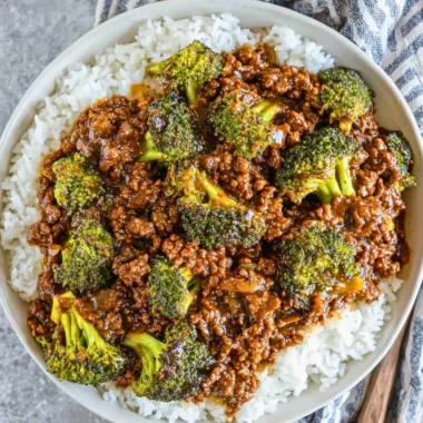 Delicious honey garlic ground beef served with broccoli