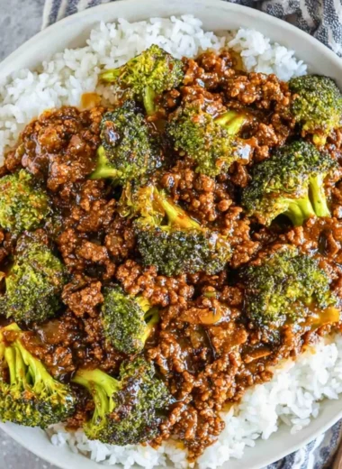 Delicious honey garlic ground beef served with broccoli