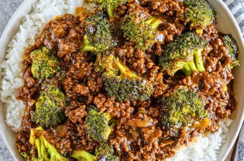 Delicious honey garlic ground beef served with broccoli