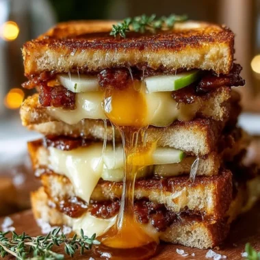 Hot Honey Apple Cheddar Beef Bacon Grilled Cheese sandwich with melted cheese