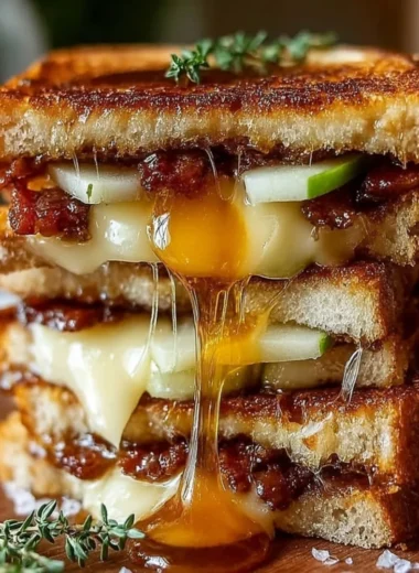 Hot Honey Apple Cheddar Beef Bacon Grilled Cheese sandwich with melted cheese