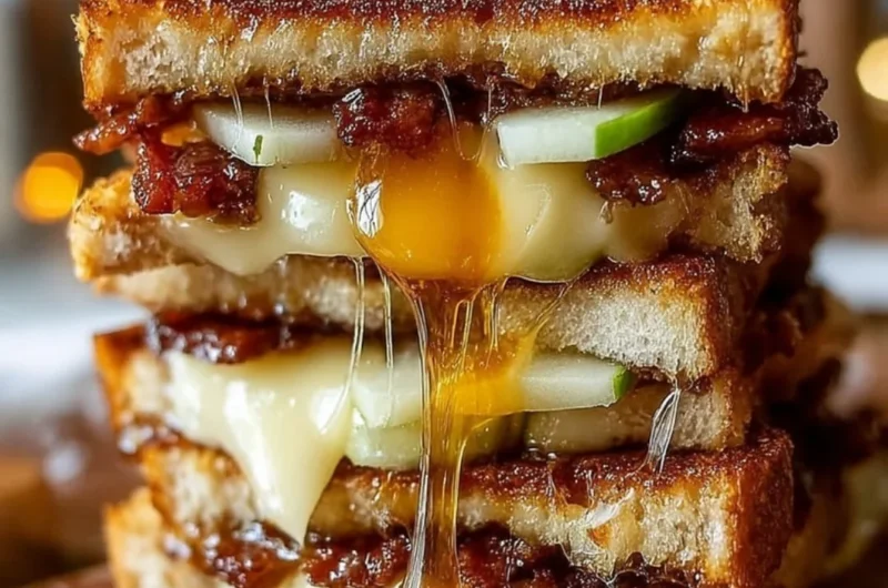 Hot Honey Apple Cheddar Beef Bacon Grilled Cheese sandwich with melted cheese
