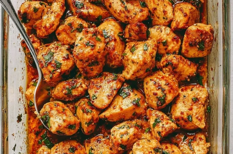 Juicy oven baked chicken bites on a plate, garnished and ready to serve