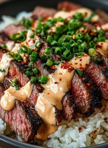 Korean BBQ Steak Rice Bowl with grilled meat, vegetables, and rice