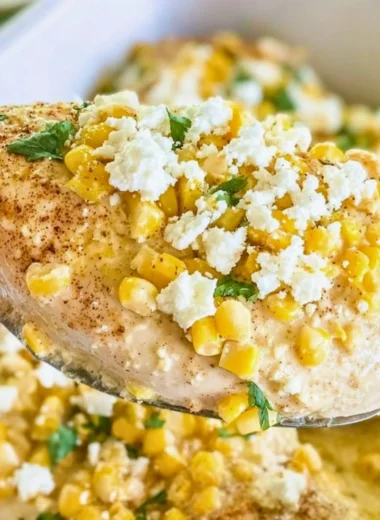 Delicious Mexican Street Corn Chicken dish topped with fresh ingredients