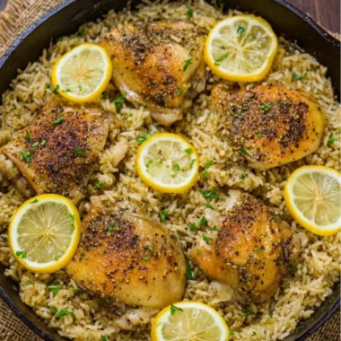One Pot Greek Chicken and Rice dish served in a bowl with fresh herbs