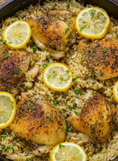 One Pot Greek Chicken and Rice dish served in a bowl with fresh herbs