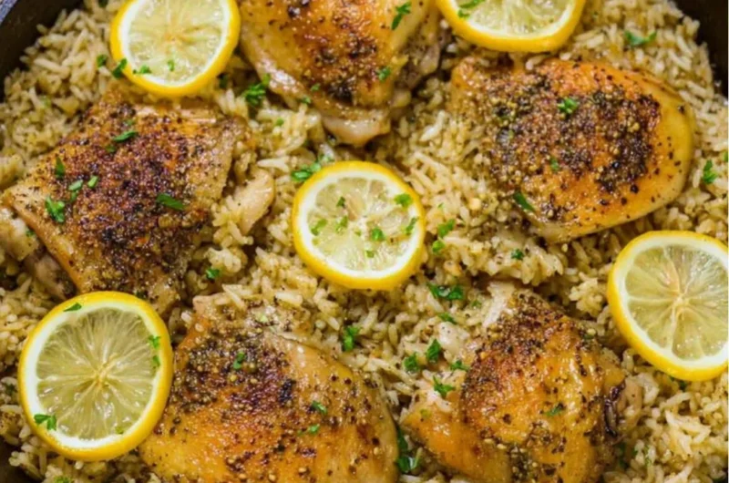 One Pot Greek Chicken and Rice dish served in a bowl with fresh herbs
