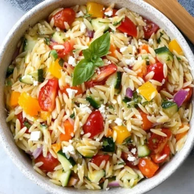 Delicious orzo salad with fresh vegetables and a light dressing