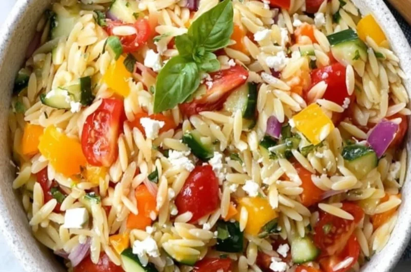Delicious orzo salad with fresh vegetables and a light dressing