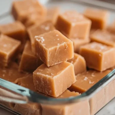 Delicious homemade peanut butter fudge in a square shape on a wooden board.