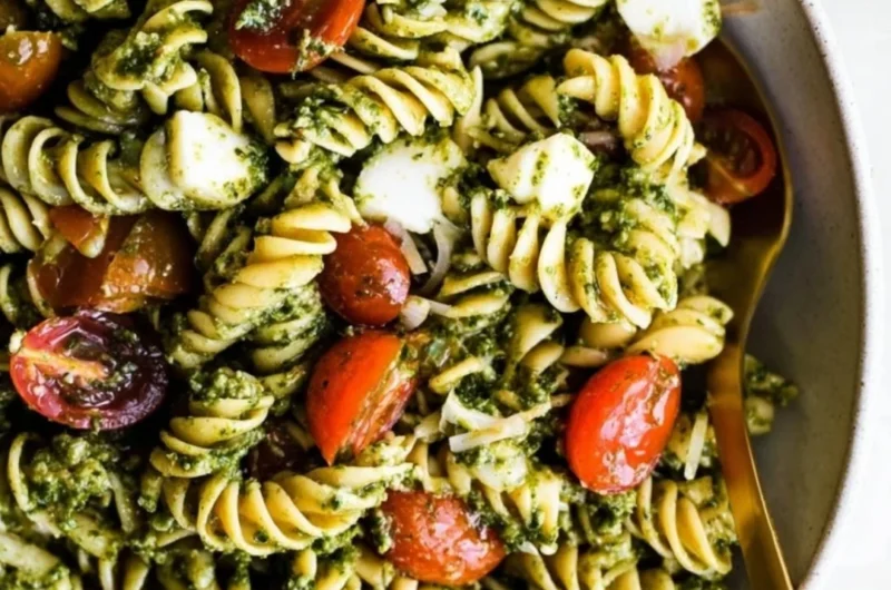 Delicious pesto pasta salad with cherry tomatoes, vegetables, and basil.