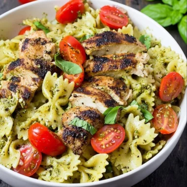 Pesto pasta with grilled chicken served on a plate garnished with basil