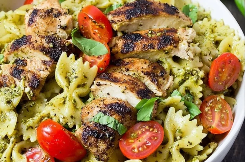 Pesto pasta with grilled chicken served on a plate garnished with basil