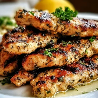Quick Mediterranean Chicken Tenders served on a plate with fresh herbs and lemon.