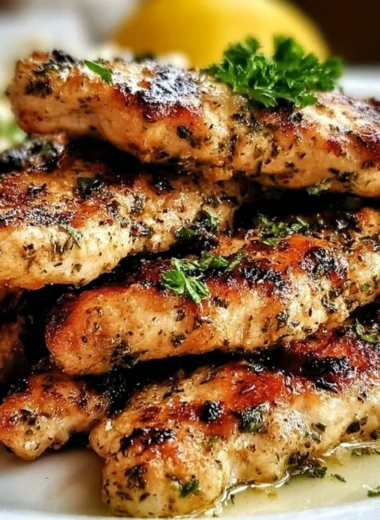 Quick Mediterranean Chicken Tenders served on a plate with fresh herbs and lemon.
