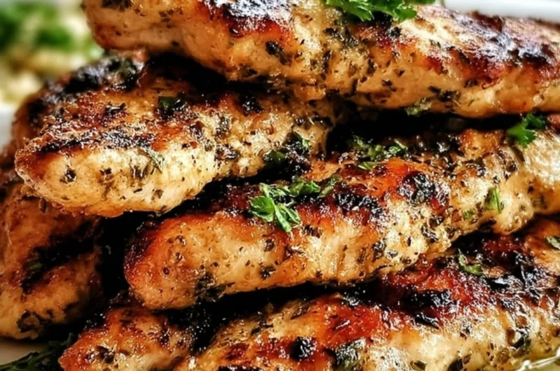 Quick Mediterranean Chicken Tenders served on a plate with fresh herbs and lemon.