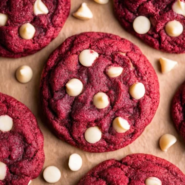 Freshly baked Red Velvet Cookies with cream cheese frosting on a plate.