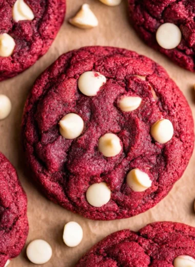 Freshly baked Red Velvet Cookies with cream cheese frosting on a plate.