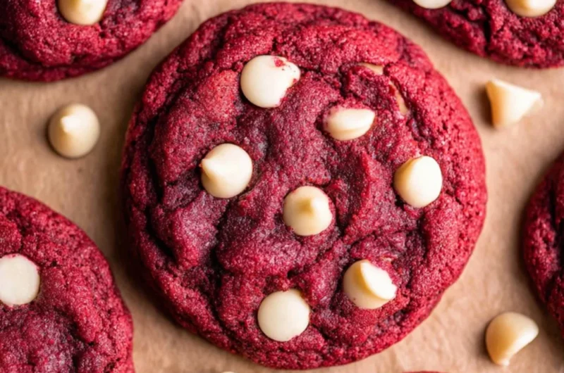 Freshly baked Red Velvet Cookies with cream cheese frosting on a plate.